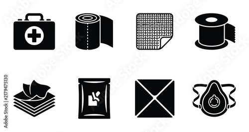 Medical First Aid Kit Icons, Bandage Roll, Gauze Pad, Tape, Mask, Wipes, Vector Set