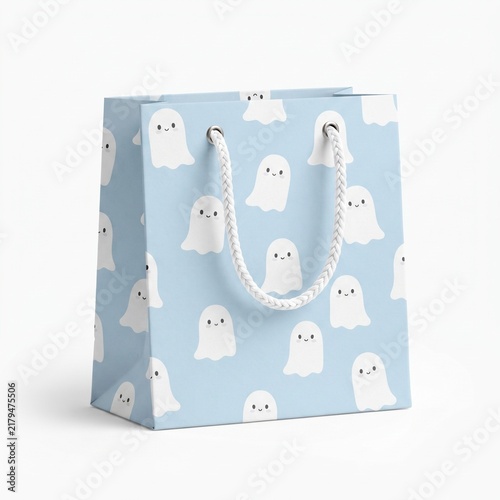Cute Baby Blue Ghost Halloween Shopping Bag With White Handles.