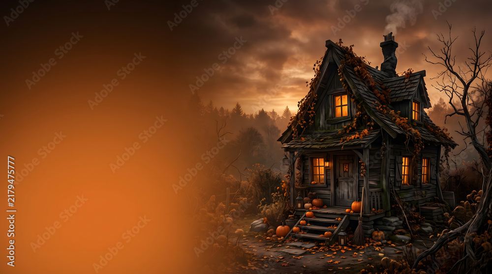 Obraz premium Spooky Halloween Cottage Background with Copy Space for Banner Design