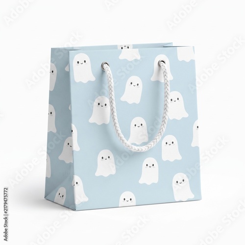 Cute Baby Blue Ghost Halloween Shopping Bag With White Handles.