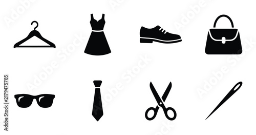 Fashion Icons Set: Clothing, Accessories, and Sewing Tools Vector Graphics
