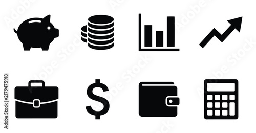 Finance Icons Set: Piggy Bank, Coins, Graph, Arrow, Briefcase, Dollar, Wallet, Calculator