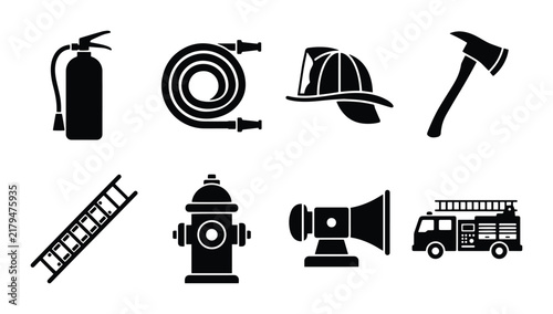 Firefighter Equipment Icons Set, Safety Gear Vector Graphics, Emergency Response Tools Collection