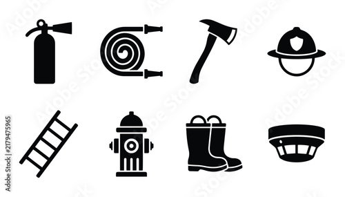 Firefighter Equipment Icons, Safety Gear Vector Set, Emergency Response Tools Collection
