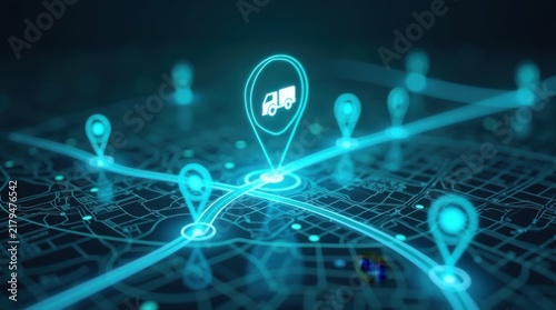 Interfaz de seguimiento por GPS proyectada en el aire sobre un mapa de la ciudad, que simboliza un sistema inteligente de transporte y entrega en línea