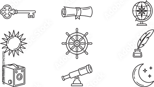 Nine black and white line icons featuring a key, scroll, globe, sun, ship wheel, quill and ink, camera, telescope, and crescent moon phase