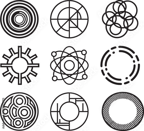 Nine circular icons showcasing diverse geometric line including concentric circles, grid patterns, starbursts, atomic models, and textured rings