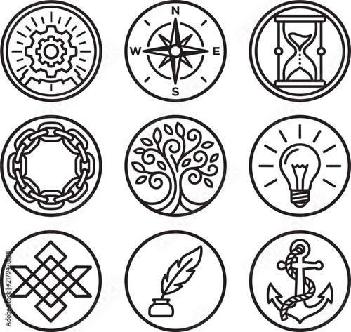 Nine circular icons featuring gears, compasses, hourglasses, chains, trees, lightbulbs, and anchors on a white background