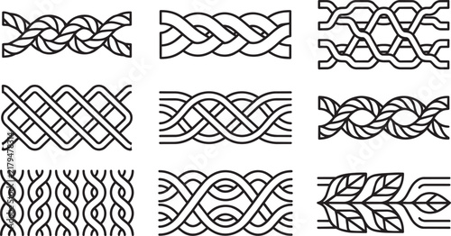 Set of black and white line icons displaying various types of braided ropes, woven patterns, twisted cables, and decorative botanical borders