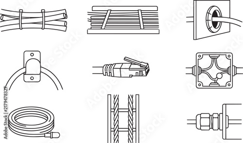 Set of black and white outline icons depicting cable management accessories, wire bundles, electrical boxes, connectors, and coiled cables