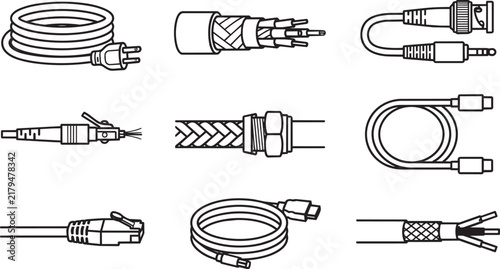 Set of black and white line icons featuring various electrical and data cables, power plugs, coaxial connectors, and ethernet network cables