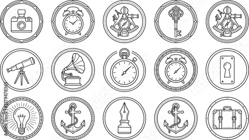 Set of fifteen vintage style circular icons featuring various antique and tools outlined in black on a white background