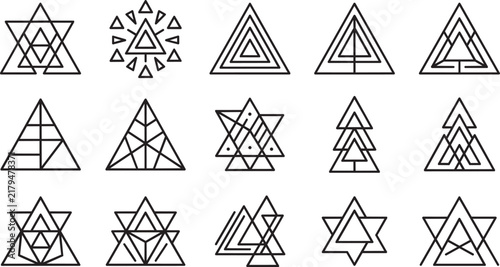Set of fifteen unique geometric triangle icons and complex line symbols on a white background, for various applications