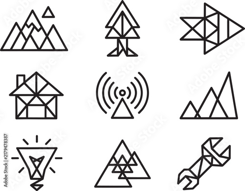 Set of geometric icons featuring mountains, houses, radio signals, lightbulbs, and tools rendered in triangle lines on white
