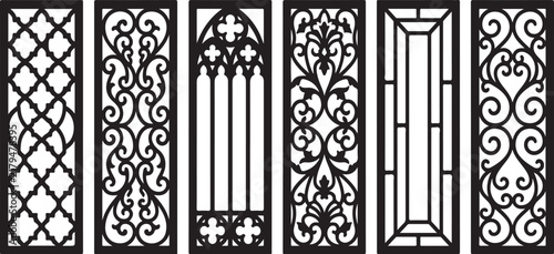 Decorative laser cut panels set, 6 ornamental cnc patterns for interior design, vintage filigree screen vectors, black metal wall art templates