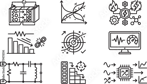 Technical energy and power system icons featuring flow charts, circuit diagrams, data graphs, and electronic processing components