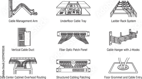 Technical line icons illustrating various structured cabling management systems, including trays, racks, ducts, patch panels, and floor grommets