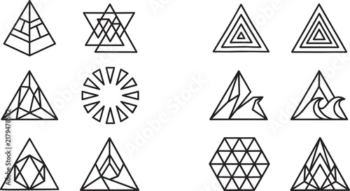 Twelve geometric triangle icons featuring intricate line including pyramids, star shapes, sunbursts, waves, and complex grid structures
