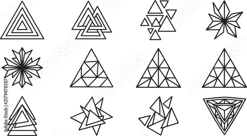 Twelve geometric triangle based icons featuring abstract patterns, starbursts, and linear structures on a white background