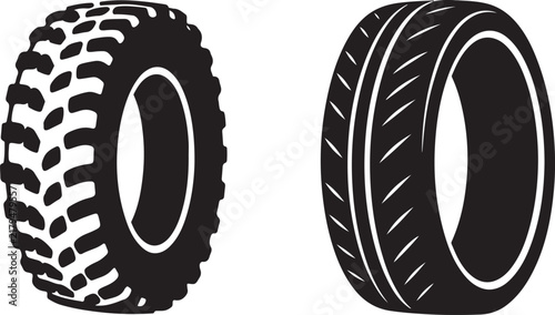 Off-road and racing car tire vector set, black rubber automotive wheels with deep tread, 2 vehicle tire icons for garage and repair shop branding