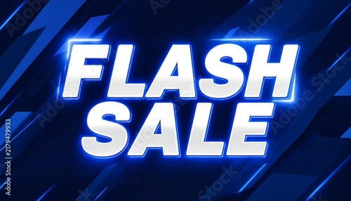 Flash sale bold white text typography banner design with glowing neon light effect against a dark blue abstract background discount sign shopping deal special offer marketing promo commercial eve