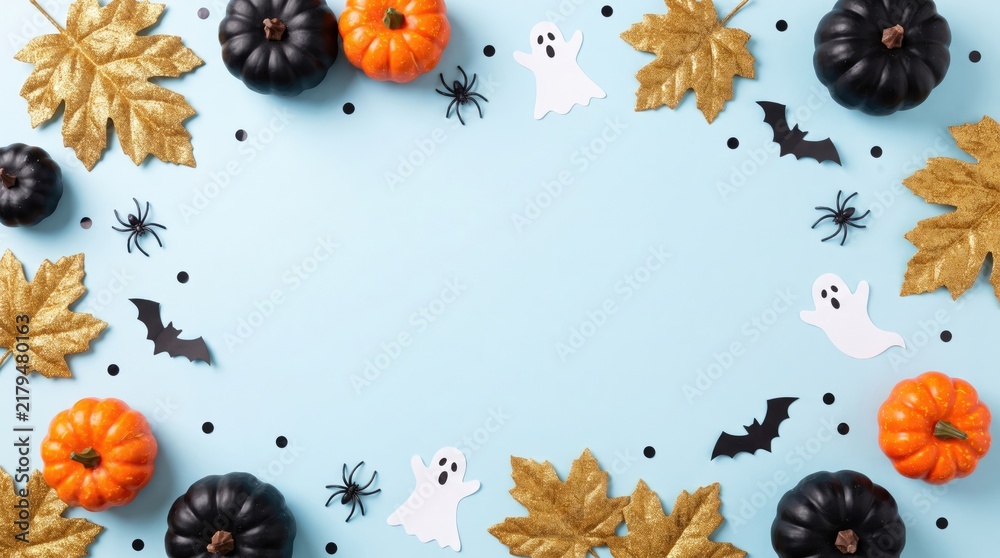 Obraz premium A delightful halloween flat lay featuring pumpkins autumn leaves spooky bats and playful spider decorations on a light blue background
