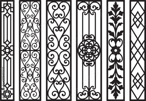 Wrought iron decorative panels, 6 vintage laser cut fence patterns, ornate metal gate vector designs for interior decor