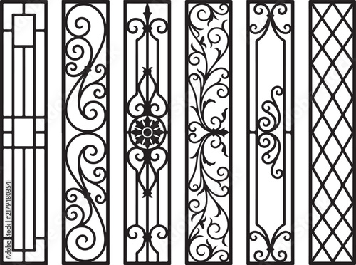 Wrought iron fence panels set, decorative metal gate patterns, 6 ornamental laser cut vector designs for architectural railing