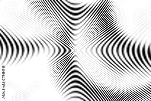 Abstract black and white circular halftone pattern with radial swirl distortion effect