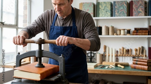 Artisan bookbinder pressing a leather cover in a workshop. Male craftsperson using a heavy iron manual book press. Traditional bookbinding and skilled trade concept