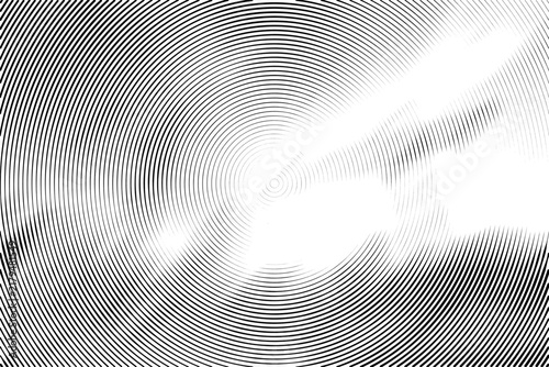 Abstract black and white circular halftone pattern with radial lines and geometric distortion.