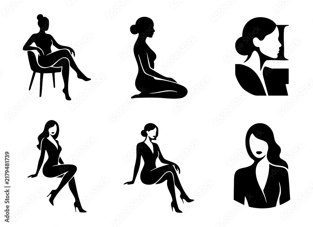 Obraz premium Collection of elegant women silhouettes in various sitting and portrait poses vector illustration set.