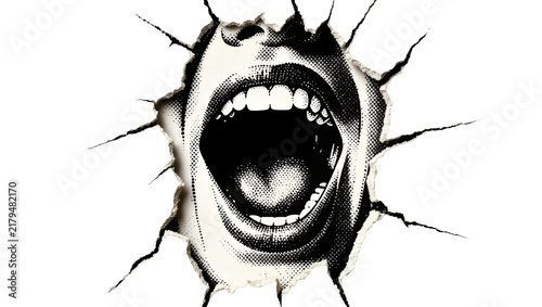 Screaming mouth breaking through torn paper, isolated on transparent background