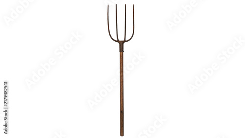 Foto Classic metal pitchfork tool with wooden handle isolated on plain background