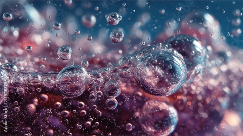 Close-up of bubbles and effervescent liquid with dynamic splashes and vibrant colors in motion