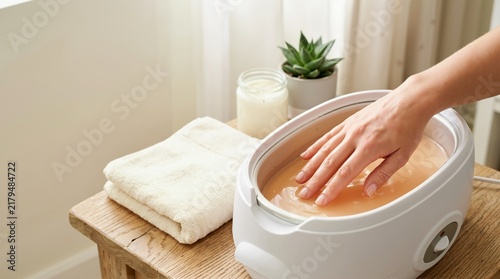 Hand dipping into a warm paraffin wax bath. Spa treatment for skin hydration and joint relief on a wooden table