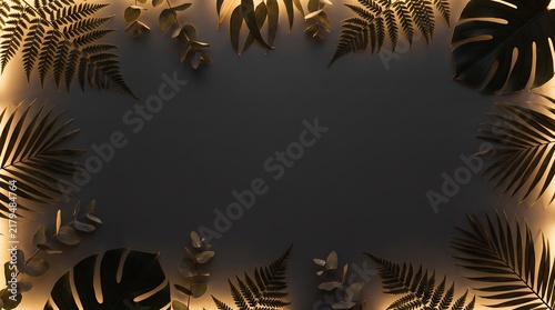 Tropical leaves frame with warm backlighting border