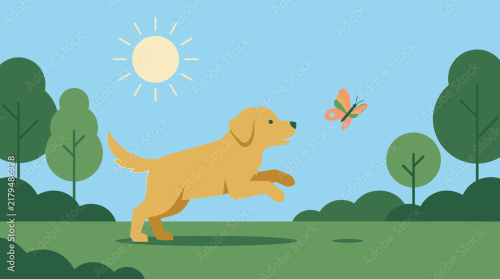 Fototapeta premium This heartwarming flat design illustration depicts a cute puppy joyfully chasing butterfly. The artwork conveys the playful spirit of lovely home pet.