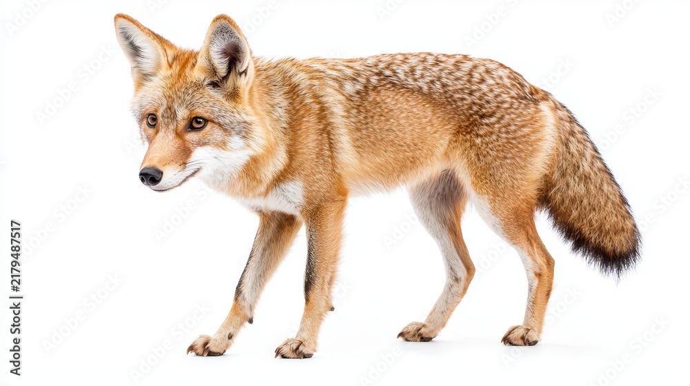 Obraz premium Detailed image of fox showcasing its sleek fur and alert expression. animal stands white background, highlighting its features and natural beauty