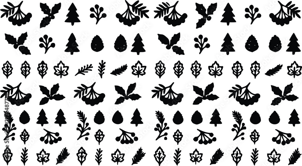 Obraz premium Flat vector illustration featuring a collection of black holiday icons including pine trees leaves berries and cones arranged in a simple clean graphic pattern set