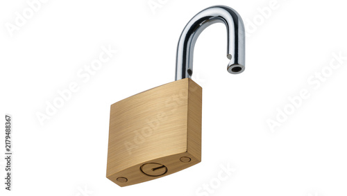 Obraz na plátne Shiny chrome shackle on a brass padlock unlocked and open, isolated on transpare