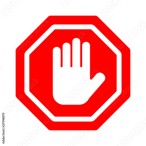 Red stop hand icon, warning and prohibition symbol for danger, safety and restriction