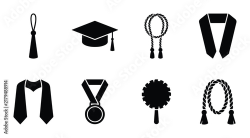 Photography Graduation cap and academic regalia icons outline solid styles, UI and web interface
