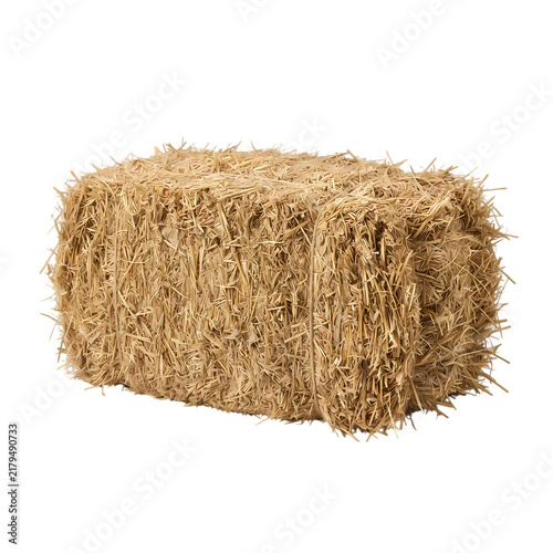 Single rectangular bale of dry golden straw isolated on white background