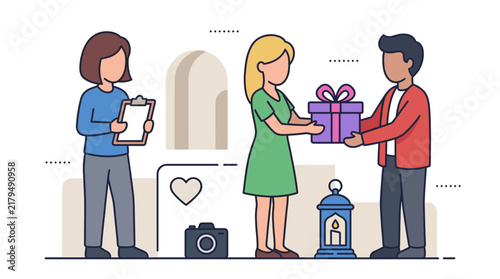 People exchanging gifts and working with clipboard flat design
