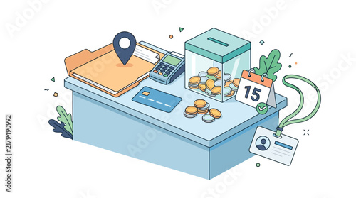 Isometric Office Desk with Financial Business Equipment