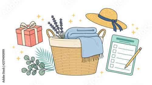 Wicker Basket with Blanket Lavender Hat and To-Do List
