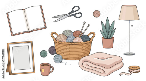 Cozy Home Hobby and Knitting Accessories Vector Illustration