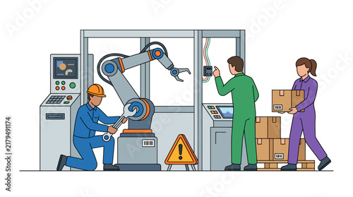 Industrial workers operating and maintaining robotic arm in factory