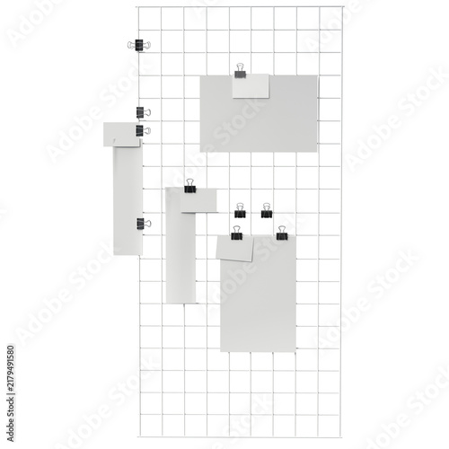 Vertical white metal grid panel with blank paper sheets and notes attached by black binder clips. Wall mood board mockup for photos and collage
